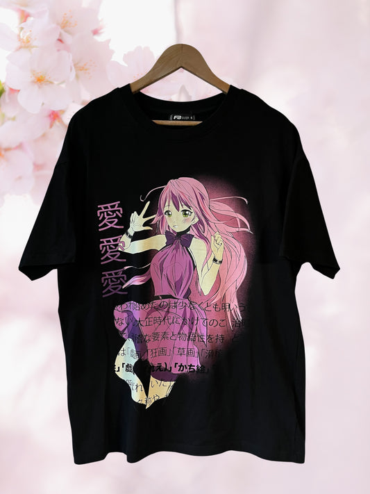 pink hair anime girl black tee
