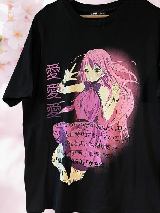 pink hair anime girl black tee